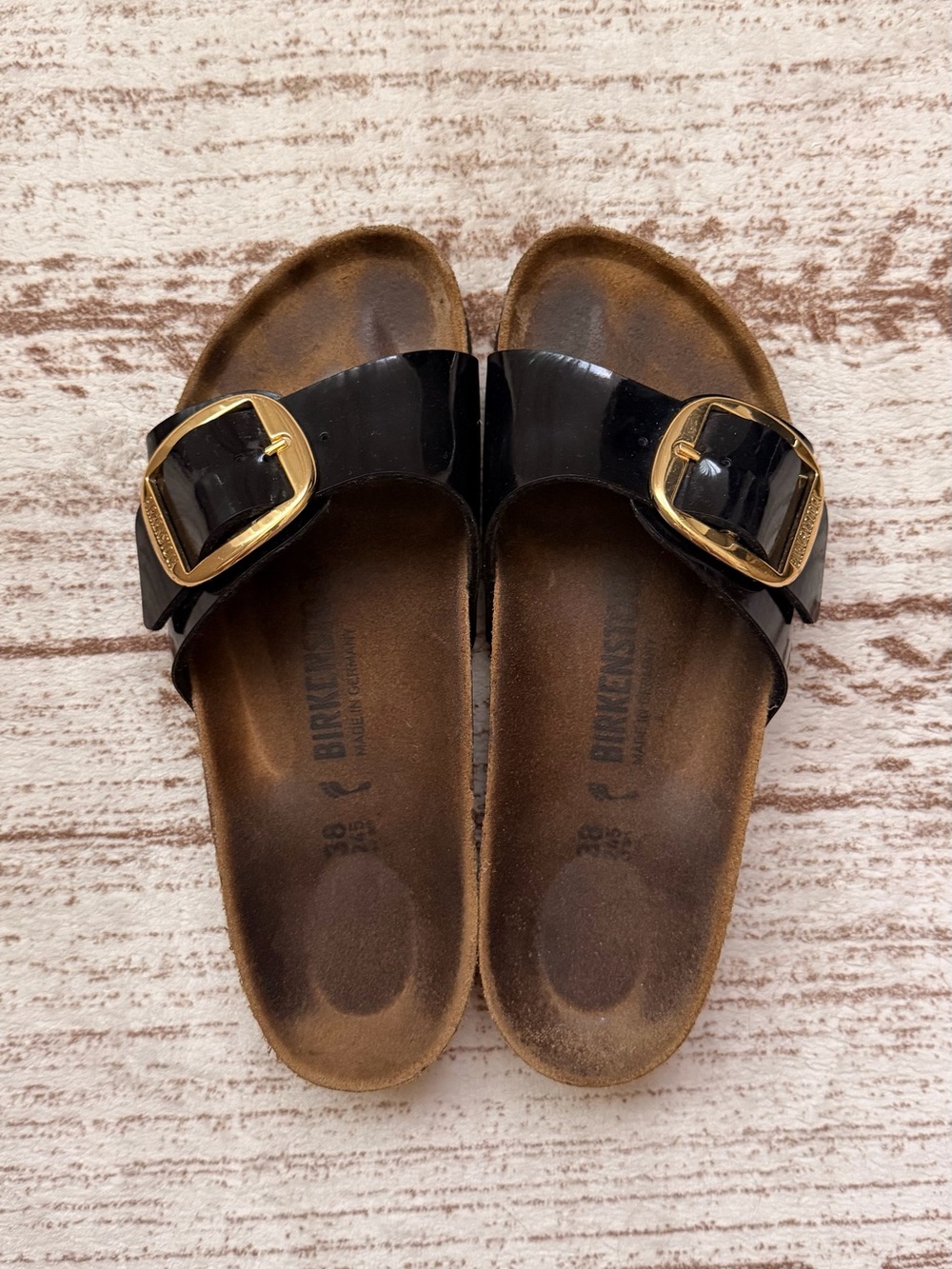 Birkenstock Black Patent Single Strap Slides with Gold Buckles
